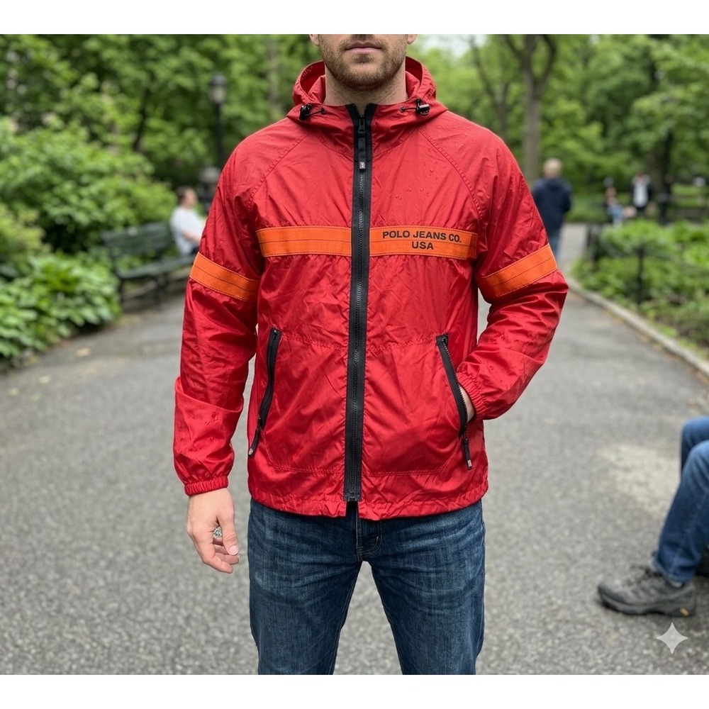 Vintage Polo Jeans Co Ralph‎ Lauren Red Windbreaker Hooded Jacket Size L